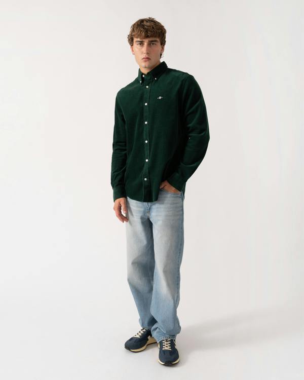 Outfit shot of GANT Mens Regular Fit Corduroy Shirt - 374 Tartan Green
