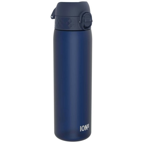 A dark-blue water bottle, standing upright, against a white background. The bottle has a dark-blue lid with a carrying loop and the word "ION8" is printed near the base.