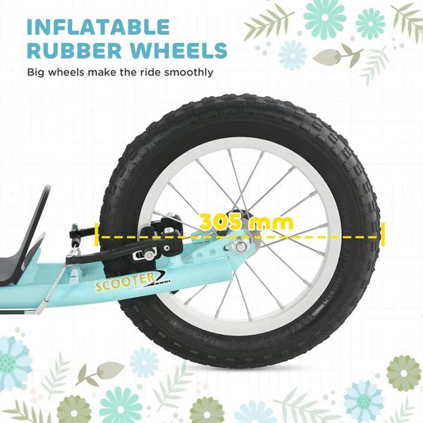 Front wheel close-up of turquoise kids stunt scooter with thick inflatable tire.