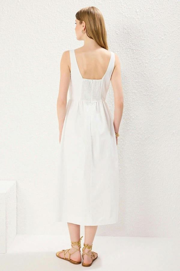 Square Neck Thick Strap Midi Dress with Corset Seam Detail