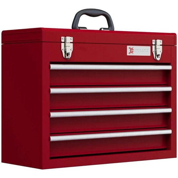 Lockable Metal Tool Box, 4 Drawer Tool Chest with Latches, Handle, Ball Bearing Runners, Red