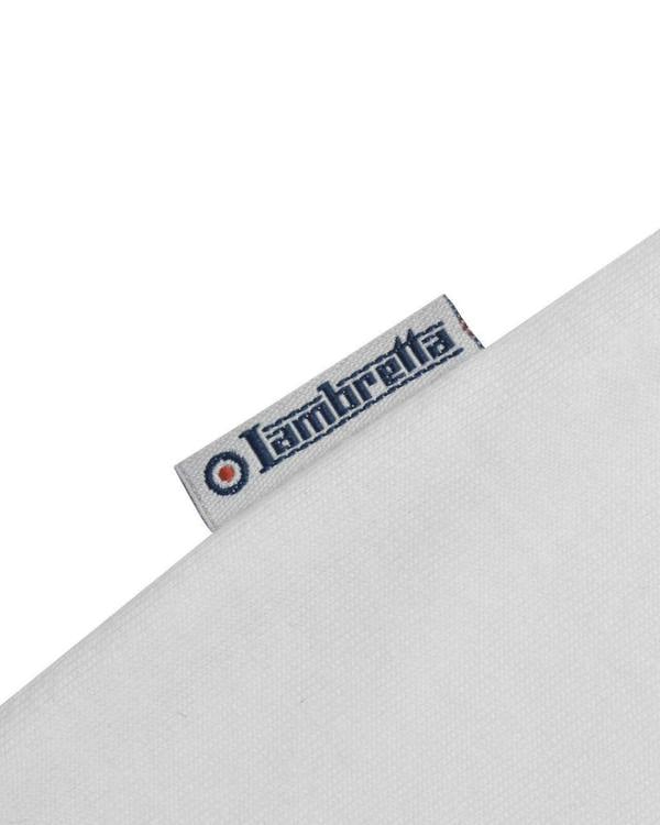Lambretta Mens Classic Dress Gingham Mod Retro Ska Casual Polo, close-up of the white fabric with Lambretta brand tag showing.