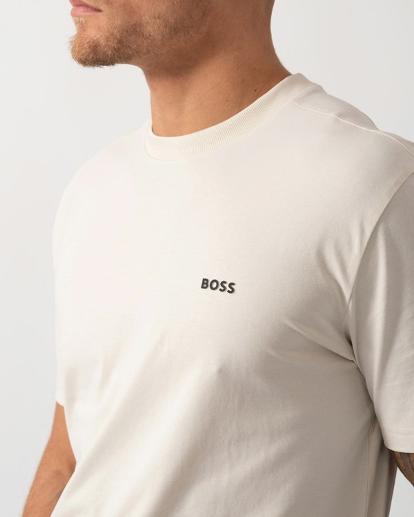 BOSS Green Tee Mens Stretch Cotton T-Shirt with Contrast Logo - Open White 131 - CHO - Designer Mens Logo T-Shirts