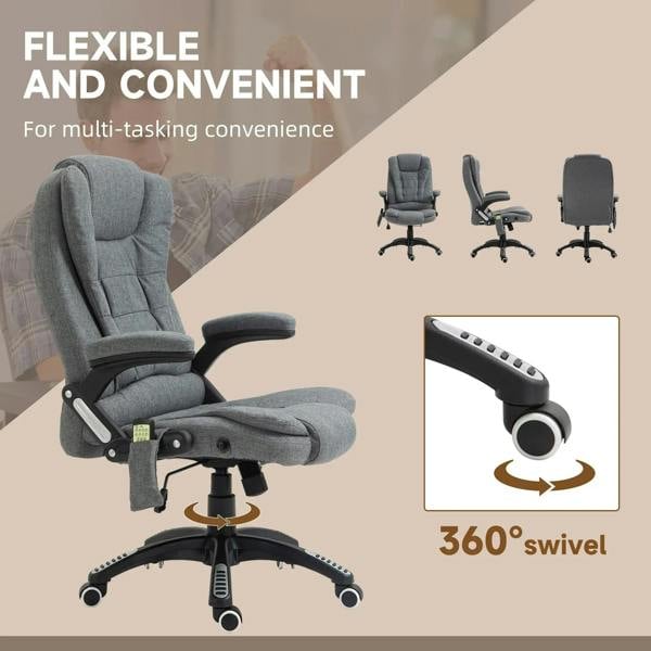 Grey massage recliner chair with 360° swivel, padded armrests, and five-star caster base
