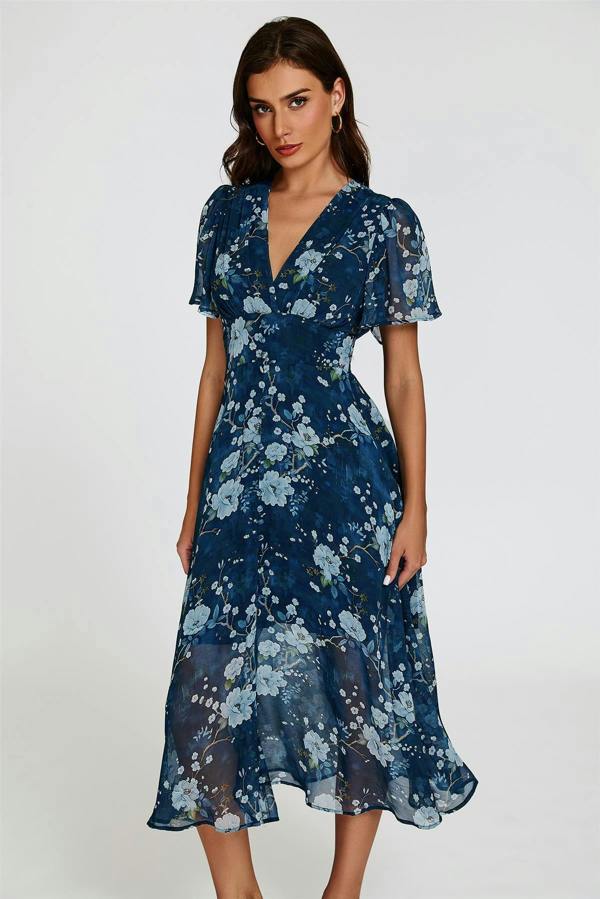 FS Collection Floral Print Midi V neckline Dress In Navy