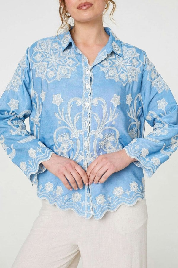 Blue | Embroidered Texture Scalloped Hem Shirt
