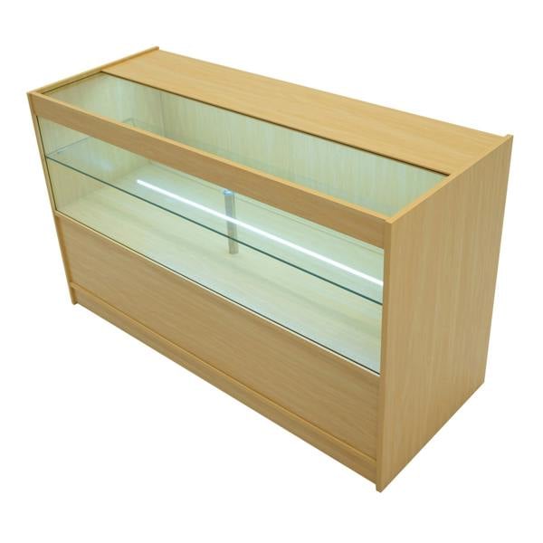 Maple LED shop counter set featuring a sleek design, glass display shelves, and a spacious storage compartment for products