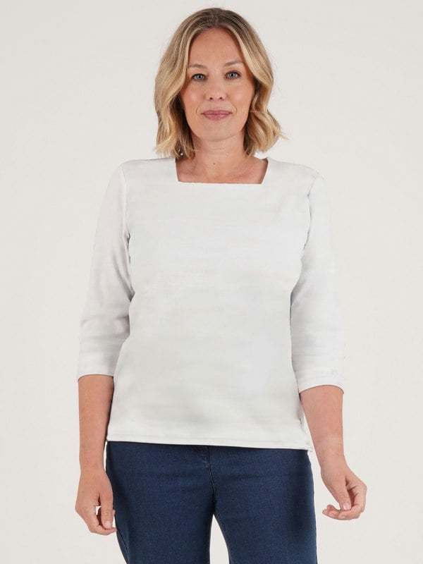 PennyPlain Solid Square Neck Top- Ivory