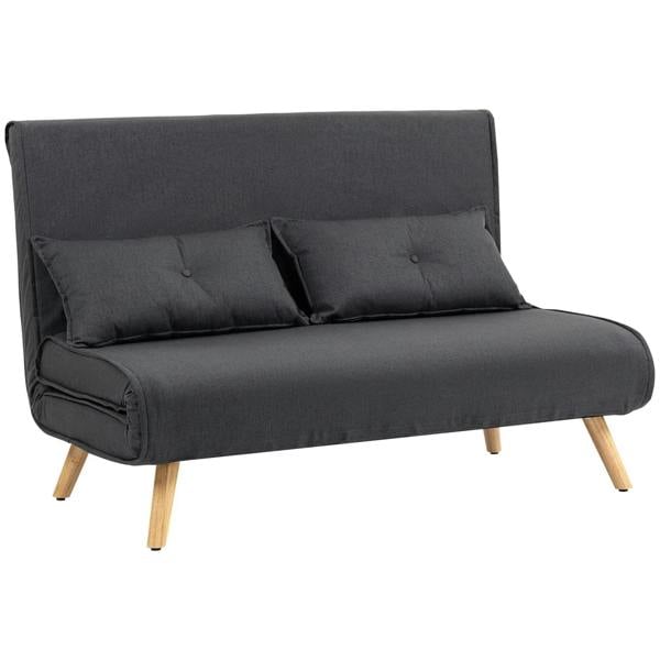 Charcoal grey linen-look two-seater sofa bed with two back cushions and wooden legs