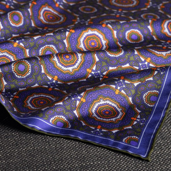 Otway & Orford 'Whirligig' medallion silk pocket square - blue, orange & green (42x42cm)