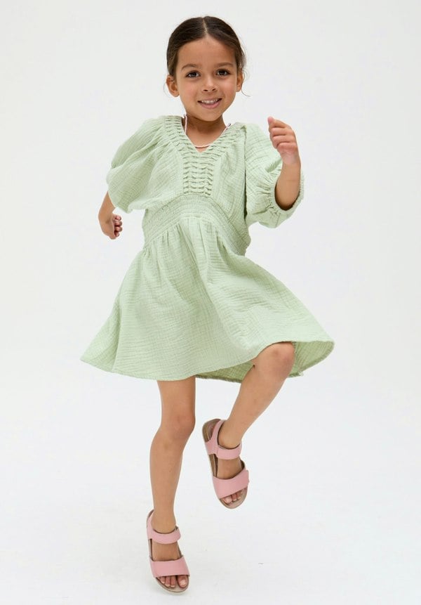 Kids Soipoi Ruched V-Neck cotton Dress In green- image 1