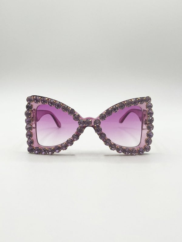 SVNX Oversized Triangular Crystal Gem Sunglasses in Purple
