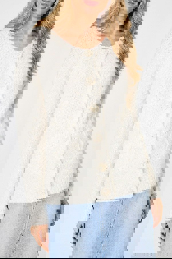 White | Floral Embroidered Textured Cardigan
