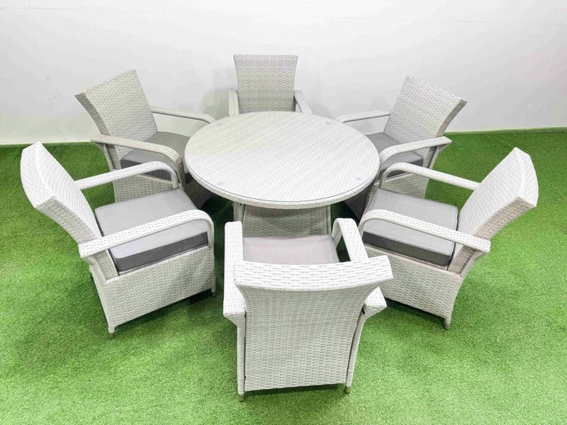 Fimous Wicker PE Rattan Garden Furniture Set Patio Outdoor 6 Chairs Plus Big Round Table Set Light Grey Mixed