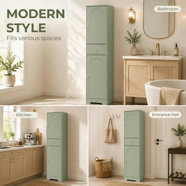 Tall Bathroom Cabinet with Arched Doors - Light Green