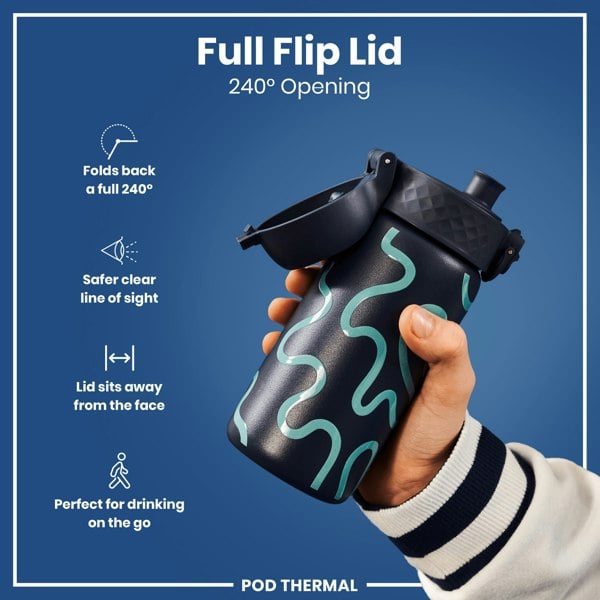 A dark-colored water bottle, with teal abstract designs, is held; its lid is fully open, revealing the inside. The bottle is displayed against a solid blue background. Full Flip Lid, 240° Opening. POD THERMAL.