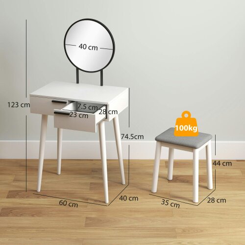 Wyld Haus Comika White Dressing Table And Stool Set With Round Mirror 2 Drawers 60 x 40 x 123cm