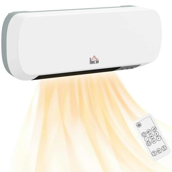 White wall-mounted ceramic space heater with control remote