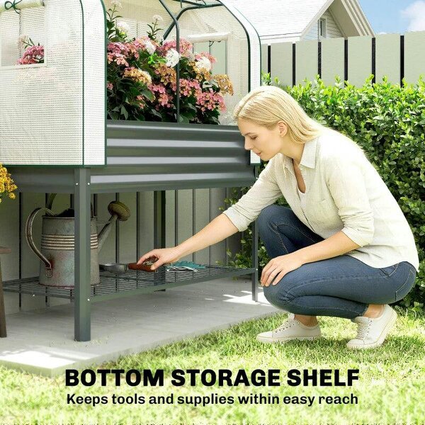Galvanised Raised Planter with Greenhouse Cover, Metal Raised Garden Bed on Legs with Bed Liner and Bottom Shelf