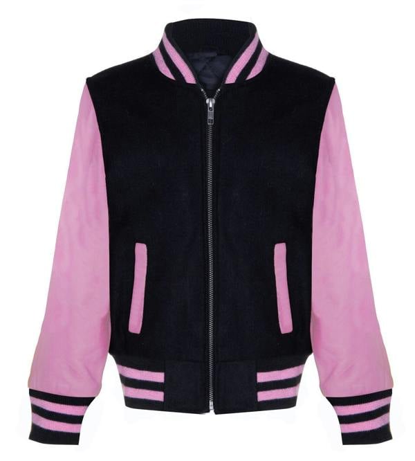 Infinity Leather Kids Varsity Black & Pink Bomber Jacket with Real Leather Sleeves 3-13 yrs
