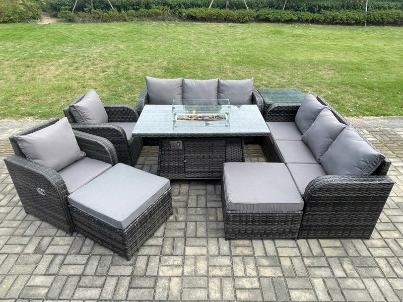 Fimous Rattan Outdoor Garden Furniture Set with Gas Fire Pit Dining Table, 2 Reclining Chairs, 3-Seater Sofas, 2 Footstools - 10 Seater - Dark Grey