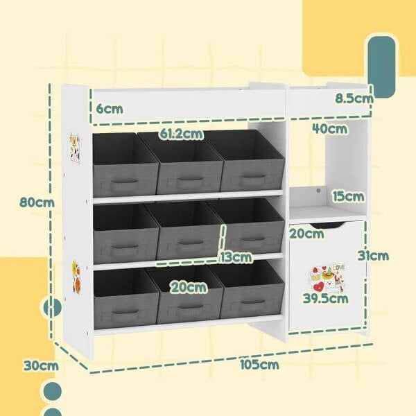 Bobobiy Kids Toy Storage, 9 Removable Fabric Bins, Wooden Toy Storage Units for Toys and Books for Bedroom, Nursery, White