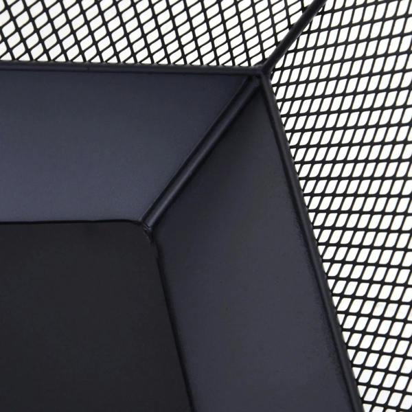 Close-up of black fire pit lid edge with mesh side panel