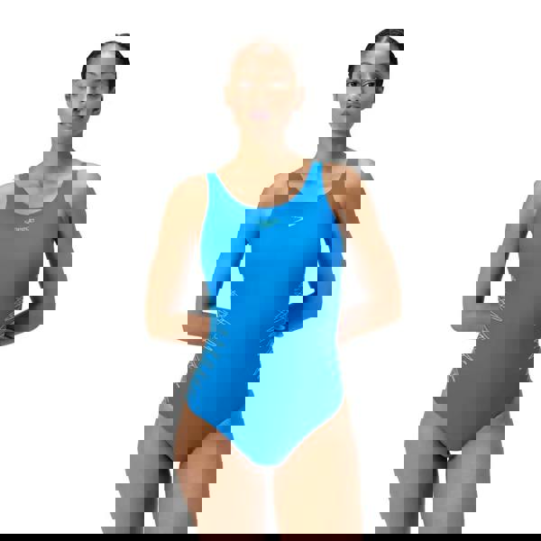 Blue Speedo placement muscleback swimsuit with white logo