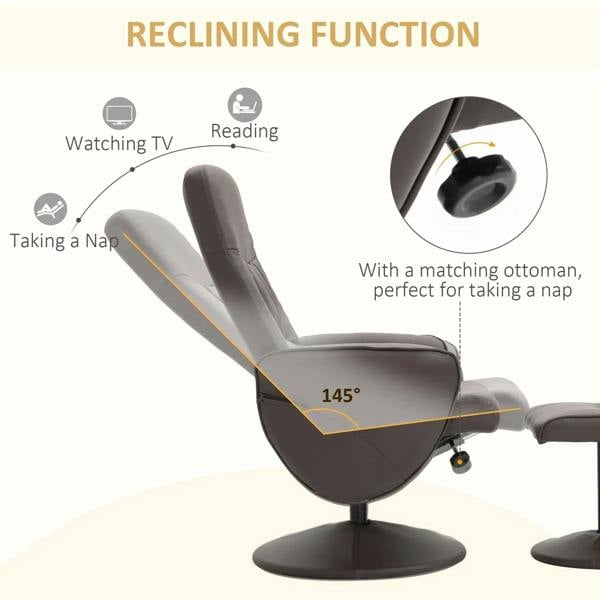 Brown recliner chair with high back in reclined position and matching ottoman footrest.