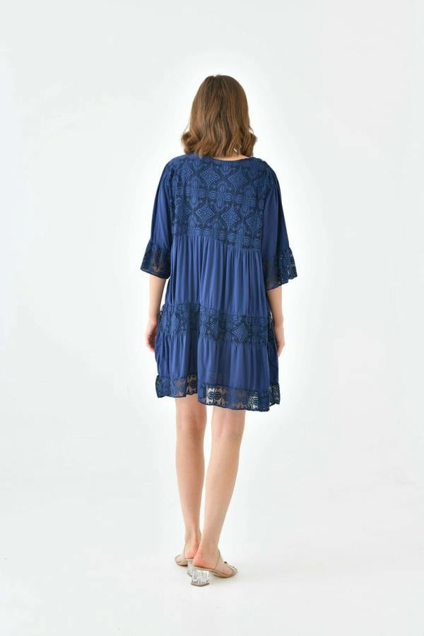 Hoxton Gal Oversized 3/4 Sleeves Lace Detailed V Neck Mini Dress in Navy