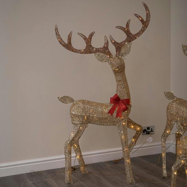 Samuel Alexander Set of 3 Gold Glitter Light Up Reindeer Family with 210 Warm White LEDs & Timer