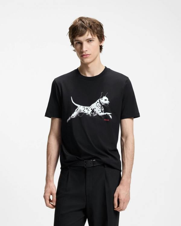 HUGO Dirunn Mens Cotton-Jersey T-Shirt with Animal Artwork - Black 001 | CHO | Designer Mens Short Sleeve T-Shirts