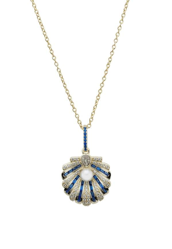 Close-up of the blue clam art deco pendant.