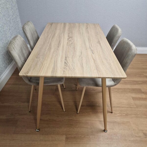 KOSY KOALA 4 Seater Modern Dining Table 140cm with Wood Effect Metal Leg and 4 Beige Chairs  for Kitchen & Dining Room Furniture Set