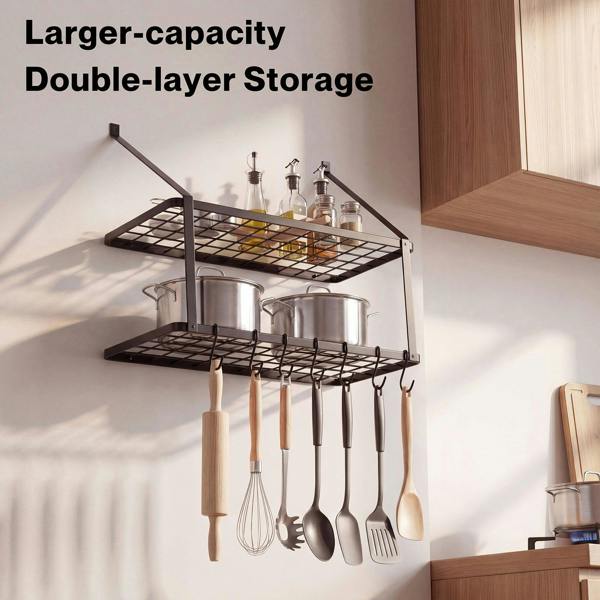 TOQUE Pot Pan Rack Wall Mounted Kitchen Shelf 2 Tier Storage Rack Metal 10 Hooks