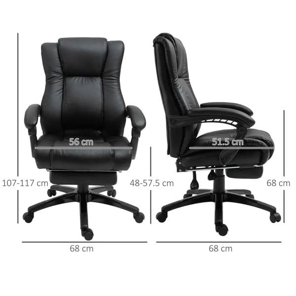 Black office chair with thick padding, armrests, and footrest on swivel base