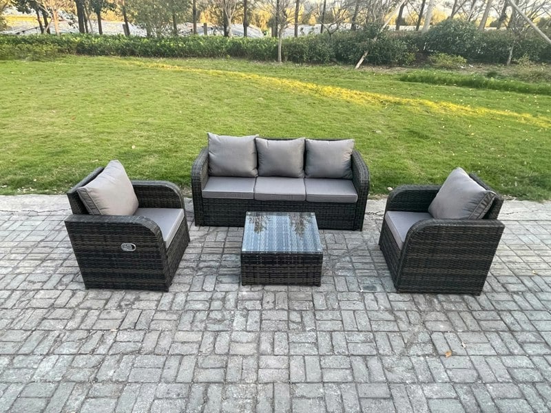 Fimous Garden Furniture Sets 5 Seater Wicker Rattan Furniture Patio Sofa Sets with Reclining Chair 3 Seater Sofa Dark Grey Mixed