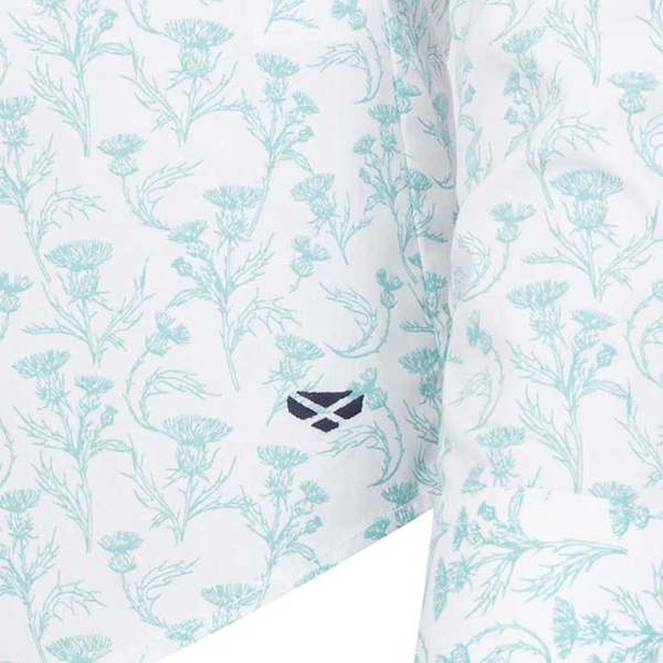 Close-up of Hoggs of Fife shirt fabric showing detailed thistle print pattern on soft cotton for classic rural styling