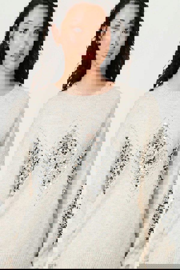 Beige | Sequin Diamond Detail Relaxed Jumper
