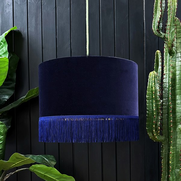 love frankie indigo velvet lampshade with gold lining and fringing