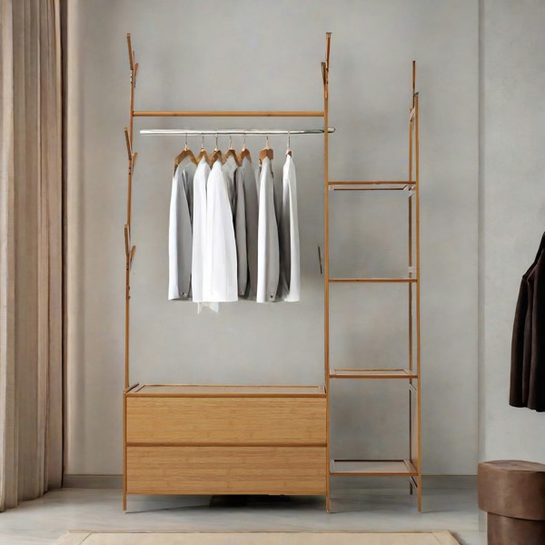 Rafaelo Mobilia Bamboo Coat Stand With Hooks, Shelves & Cabinets