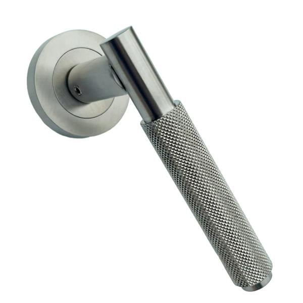 EDH Door Hardware Satin Nickel Knurled Door Handles on Round Rose – Modern Internal Lever Handle