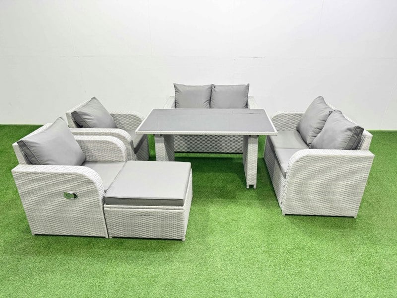 Fimous 6 Pieces Outdoor PE Rattan Sofa Reclining Chair Set Patio Garden Furniture Sets with Cushions Big Stool Light Grey