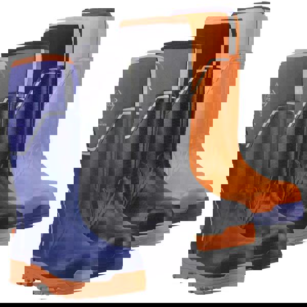 Muck Boots MUCK Boots GRIT S5 Men's Tall Safety Composite Toe/Midsole Wellie, a set of three sturdy, waterproof safety boots in blue, black, and orange colors designed for rugged outdoor work.