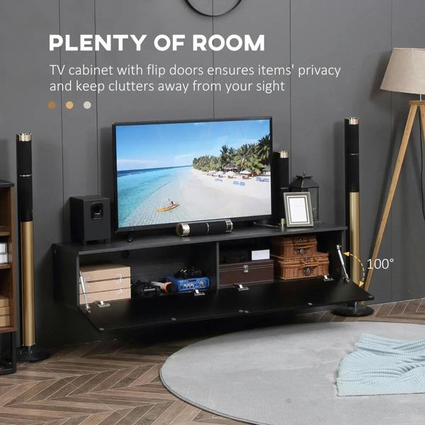 TV cabinet with flip-style doors open, revealing glossy black interior storage