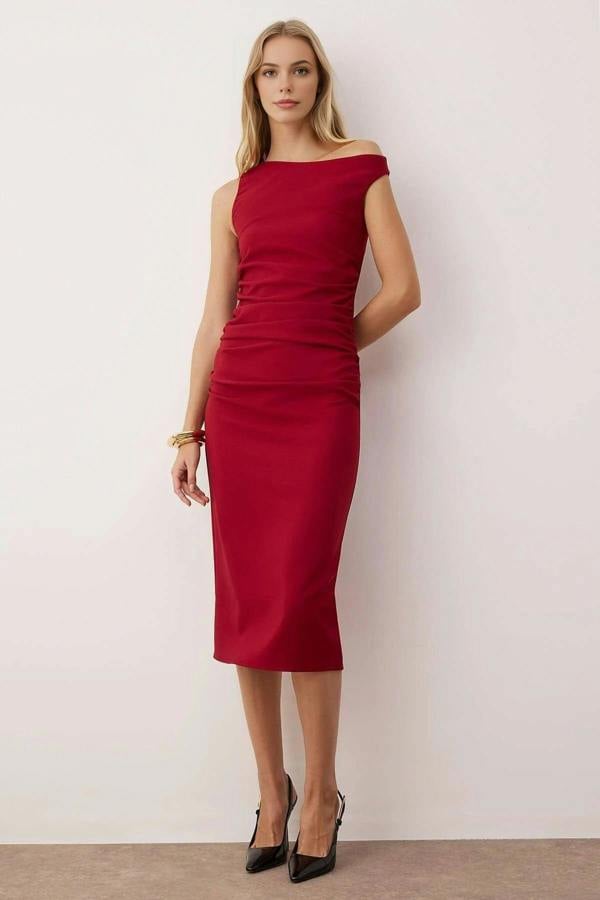 WOVCOR Gathered Detail Midi Woven Dress
