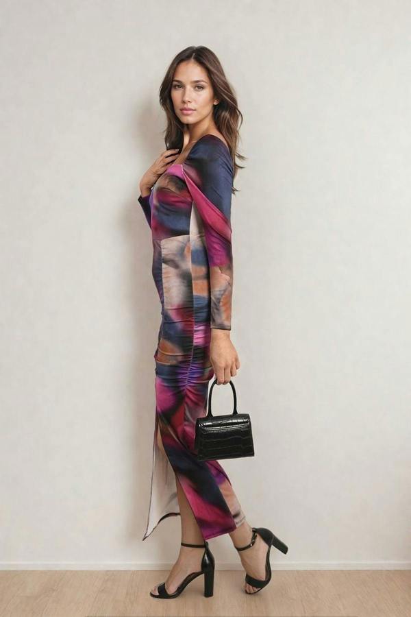 Hana Abstract Printed Long Sleeve Ruched Side Slit Midi Dress - Black
