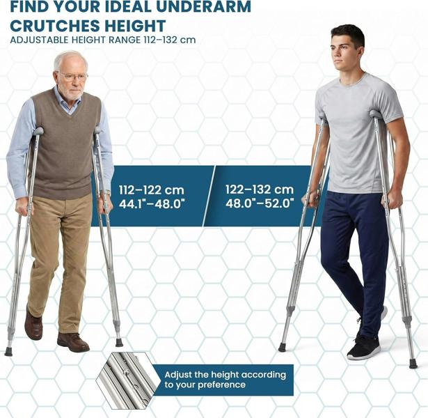 Medital Underarm Crutches for Adults - 2 Piece Lightweight 112–132cm Adjustable Stainless Steel Crutches with Ergonomic Grip
