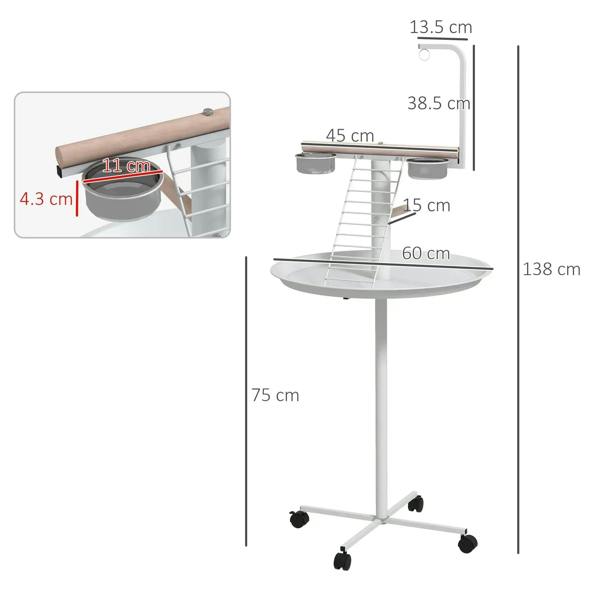White bird feeding stand with two stainless bowls, round tray, and perch ladder frame