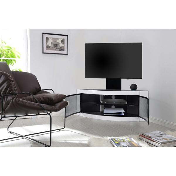 Homeology PANGEA Black/White Beam-Thru Curved True-Corner 32"-50" TV Cabinet with Mounting Arm